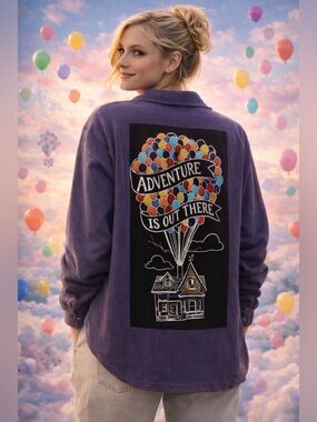 Custom Upcycled Disney Pixar Up Blue Waffle Button Down Knit Shirt Size L OOAK